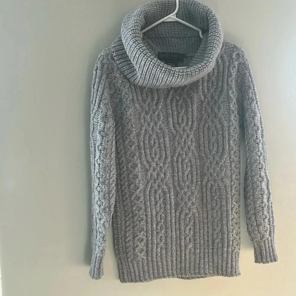 [S]Inis Crafts Merino  Wool Jumper Grey Cable Knitted Roll Neck Sweater